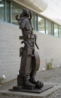 View of sculpture 'Parthenope', outside building.