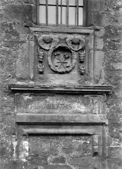 Historic photographic view of coat of arms and inscription 'God bless the Baxters of Edinburgh who built this house.'