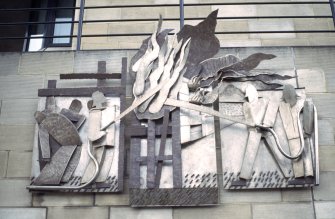 View of Fire Brigade Relief, on facade of fire station.
