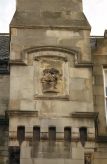 View of coat of arms of Forrest, on facade of No.1 Forrest Road.