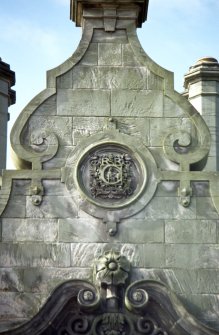 View of carved panel in gable.