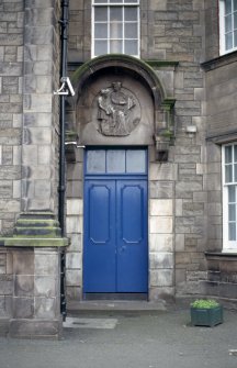 View of carving of 'Education', above girls' entrance.