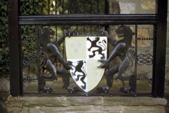 View of coat of arms of Rosebery, at entrance to Malleny Garden.