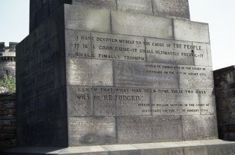 View of detail of Martyrs of Reform Monument, showing inscriptions.