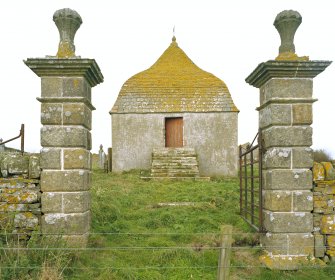 Gate piers and mausoleum from south