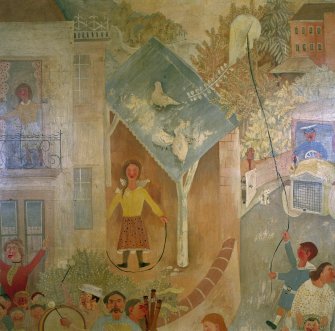 Detail of section of mural painted by John Maxwell, showing doves on roof and girl skipping.