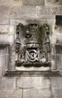 View of carved crest of the McGregor family, at second floor level above door of 1 Warrender Park Terrace.