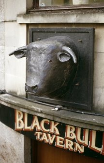 View of bull's head sign, above entrance to the Black Bull Tavern, 43 Leith Street.