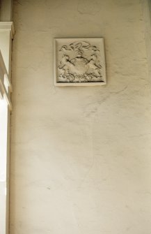 View of heraldic panel, on wall at left of entrance to St Anne's Oratory, 9 Randolph Place.