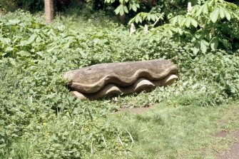 View of sculpture of a clam, on nature trail from Braid Road to Hermitage of Braid House.