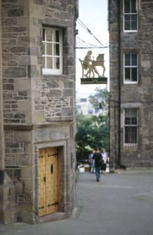 View of sign above entrance to The Writers' Museum (Lady Stair's House).
