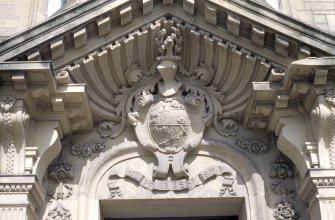 Detailed view of the coat of arms of the Gilmours above the door.