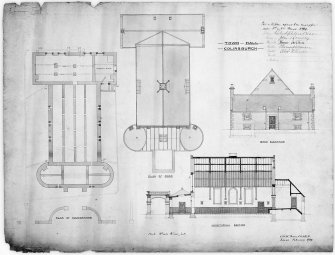 Photographic copy of foundation plan, plan of roof, back elevation and longitudinal section.
Insc: 'Town Hall  Colinsburgh'.
s: 'A & AC Dewar'.
d: 'February 1894'
(500 x 650)