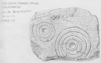 Scanned pencil survey drawing of cup and ring marked stone (in Rothesay Museum).