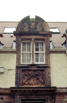 Detailed view of coat of arms of Leith (top) and Royal Arms of Scotland (below), on former Leith Hospital Nursing Home.