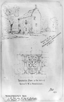 Copy of pencil sketch of remains of house and inscription stone
Copied from a Grangerised copy of "The History of the Genealogy of the Mackenzies" by Alexander Mackenzie 1879 in possession of Dr Jean Munro