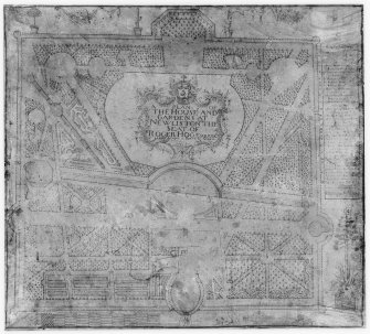 Newliston House, garden
Photographic copy of copy of made in 1759 of the original garden plan by William Adam, c.1725.
Insc: 'The House and Gardens at Newliston the Seat of Roger Hog Esquire, containing about 70 acres'