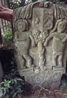 View of gravestone of the McNaughton Children depicting Adam and Eve at Kells Churchyard.
