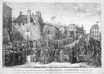 Edinburgh, South Bridge, University of Edinburgh, Old College.
Engraved view of laying of the foundation stone of Old College looking North to Register House.
Original insc. "The Ceremony of Laying the Foundation Stone of the New College of Edinburgh   November 16  1789"