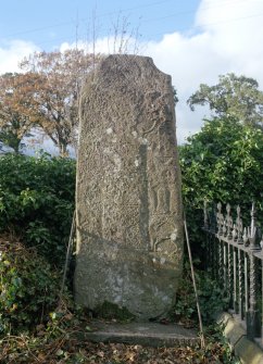 View of Pictish cross slab, Kettins churchyard.