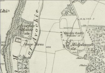 Avochie Castle: 1st Edition Ordnance Survey 6-inch map (Aberdeenshire  sheet xvii, 1874)