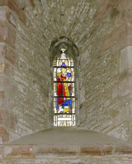 Interior.  Nave, N aisle, 2nd bay from W, detail of stained glass window (St. Augustine)
