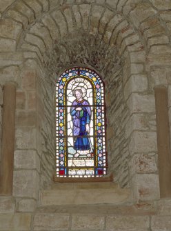 Interior.  Nave, S aisle, 7th bay from W, detail of stained glass window (Isaiah)