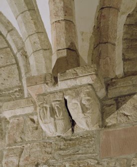 Interior.  Nave, S aisle, detail of corbel carved in the shape of a head
