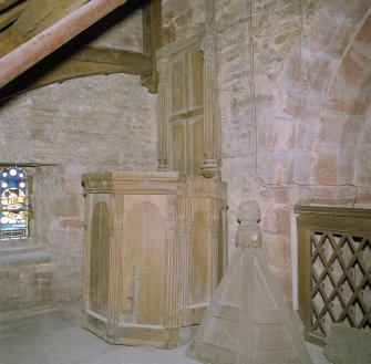 Interior.  S triforium, view of remains of 17th century pulpit