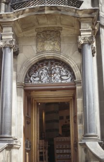 View of Royal Bank of Scotland coat of arms, above entrance.