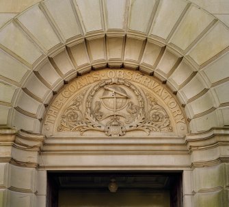 Detail of carved pediment above main entrance
The Coats Observatory, Paisley