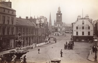 Historic photograph showing general view from south of Dumfries High Street including Midsteeple.