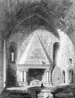 Photographic copy of engraving showing view of the Great Hall from 'Baronial and Ecclesiastical Antiquities of Scotland' R W Billings.