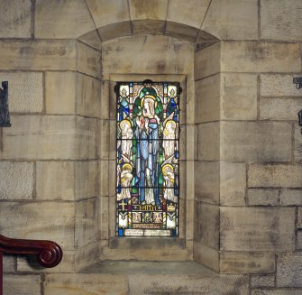 All Saints Episcopal Church, interior.  Detail of stained glass window, South wall.