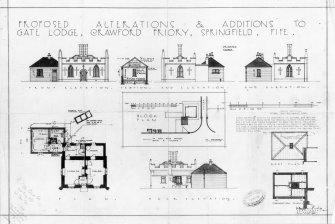 Elevations, floor plans, and sections showing proposed alterations and additons to Crawford Priory Gate Lodge.
Title 'Proposed alterations & additions to Gate Lodge, Crawford Priory, Springfield. Fife'
