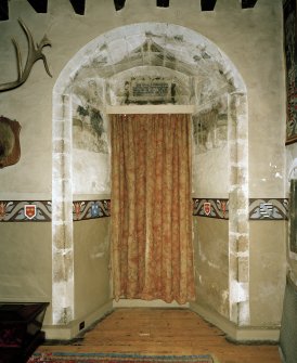 Interior.
View of great hall window embrasure showing painted decoration.