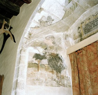 Interior, Monymusk House.
View of great hall window embrasure with painted figures on left side.