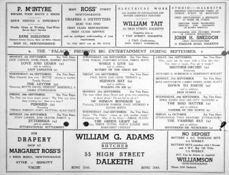 Scanned copy of a slide of a programme for Newtongrange Picture Palace programme. Lent for copying by the Gorebridge and District Local History Society.