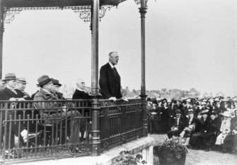 Scanned copy of a slide of Lord Chelmsford opening the Welfare Park, Newtongrange. Lent for copying by the Gorebridge and District Local History Society.
