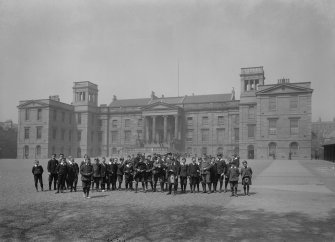 General view of front from south east, with pupils in front presumably from George Watson's Boys College.