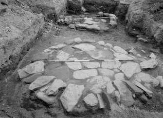 Excavation photograph showing ovens 5 & 4, looking South, stage 1, Fendoch Roman fort.