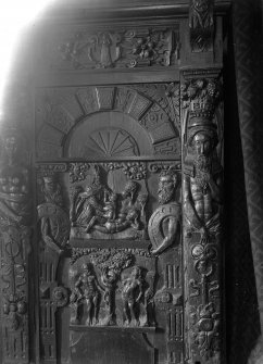 Roslin, Roslin Chapel. Interior.
View of carved panel of oak cabinet.