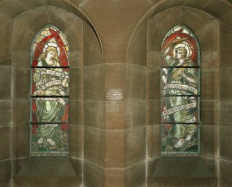 Hyndland Parish Church, interior.  Detail of stained glass windows in entrance porch North East corner