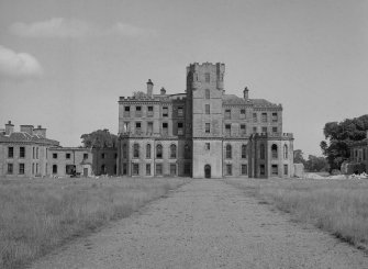 View of South front of central block of Gordon Castle during demolition work