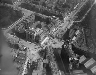 West end of Princes Street, Edinburgh, showing Maule's and McLagan and Cummings.  Oblique aerial photograph taken facing north-east.