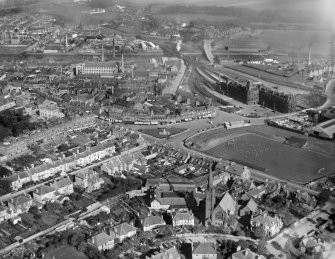 Ayr, general view, showing Burns Statue Square and Station Hotel.  Oblique aerial photograph taken facing east.