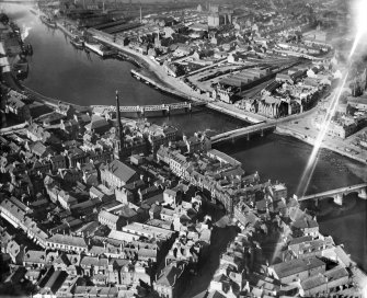 Ayr, general view, showing New Bridge and Town Hall.  Oblique aerial photograph taken facing north.