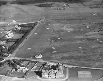 Royal Troon Portland Golf Course, Craigend Road, Troon, showing Marine Hotel, Crosbie Road.  Oblique aerial photograph taken facing east.