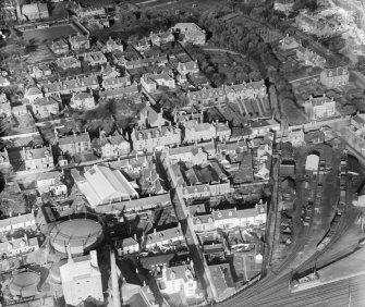 Carnoustie, general view, showing High Street and Lochty Burn.  Oblique aerial photograph taken facing north.