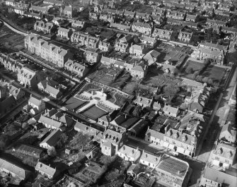 Carnoustie, general view, showing High Street and War Memorial.  Oblique aerial photograph taken facing north-west.